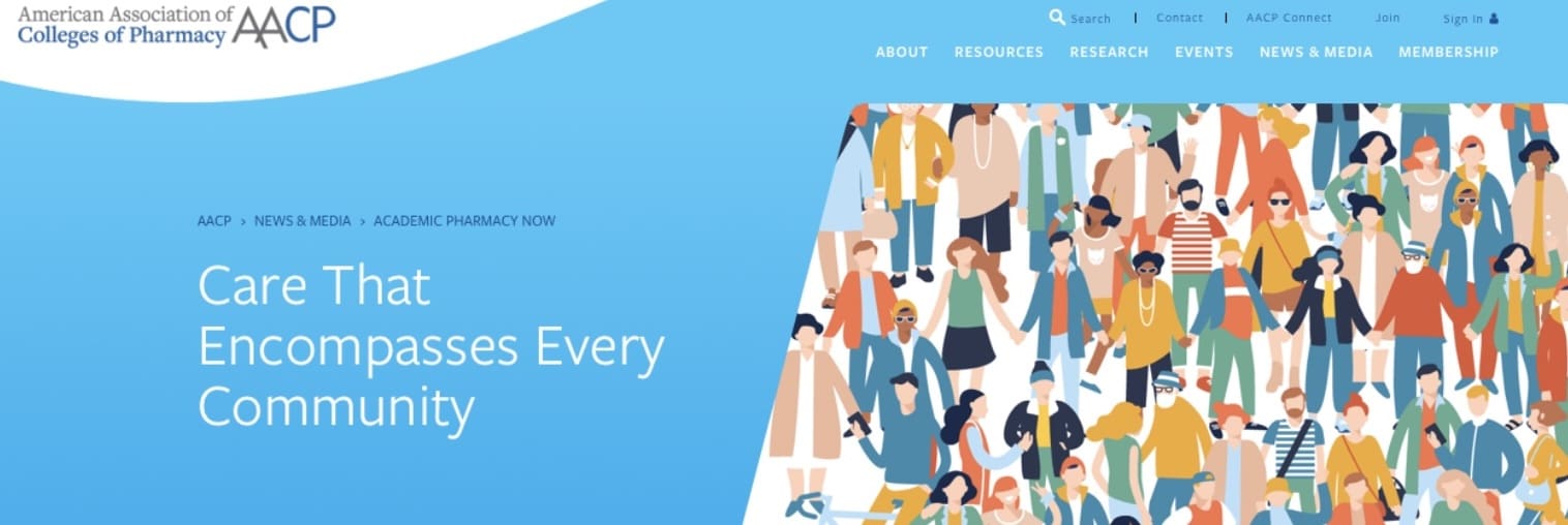 Screenshot of AACP article Care that Encompasses Every Community - includes illustration of people